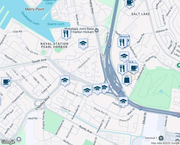 map of restaurants, bars, coffee shops, grocery stores, and more near 3333 Leal Place in Honolulu