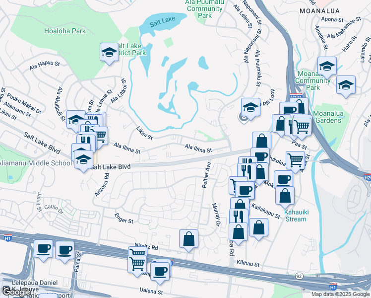map of restaurants, bars, coffee shops, grocery stores, and more near 2989 Ala Ilima Street in Honolulu