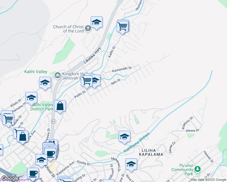 map of restaurants, bars, coffee shops, grocery stores, and more near 1575 Kilohana Street in Honolulu