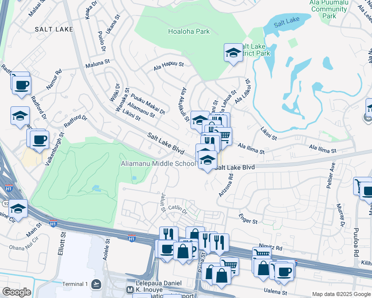 map of restaurants, bars, coffee shops, grocery stores, and more near 908 Kahikolu Place in Honolulu
