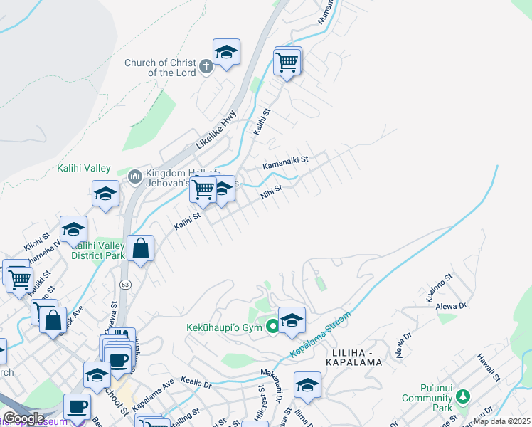 map of restaurants, bars, coffee shops, grocery stores, and more near 1575 Kilohana Street in Honolulu