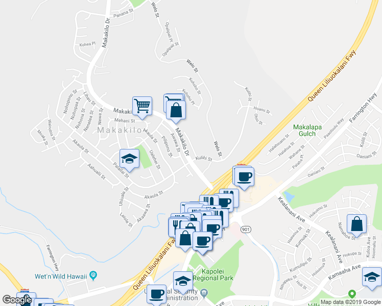 map of restaurants, bars, coffee shops, grocery stores, and more near 92-512 Waokele Street in Kapolei