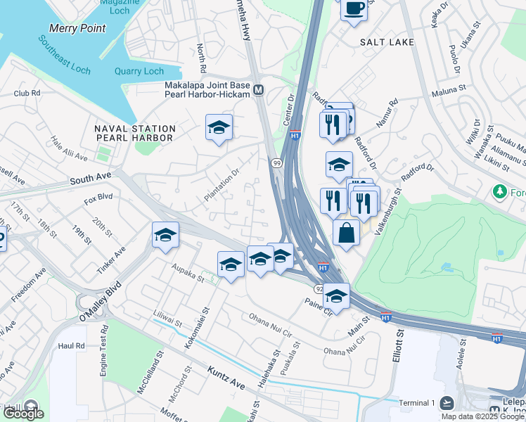 map of restaurants, bars, coffee shops, grocery stores, and more near 3398 Mack Place in Honolulu