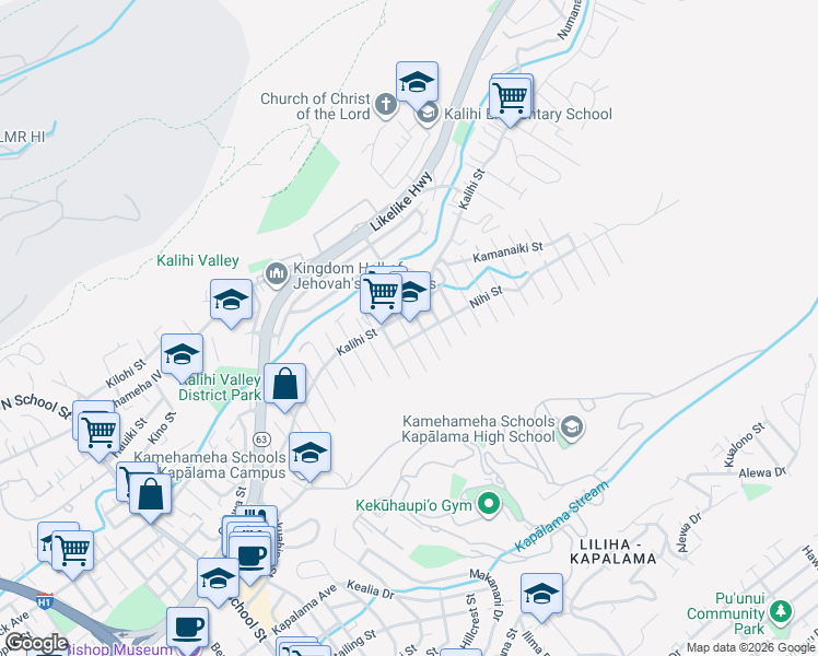 map of restaurants, bars, coffee shops, grocery stores, and more near 2411 Nihi Street in Honolulu