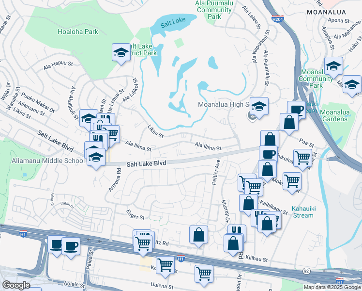 map of restaurants, bars, coffee shops, grocery stores, and more near 3020 Ala Napuaa Place in Honolulu