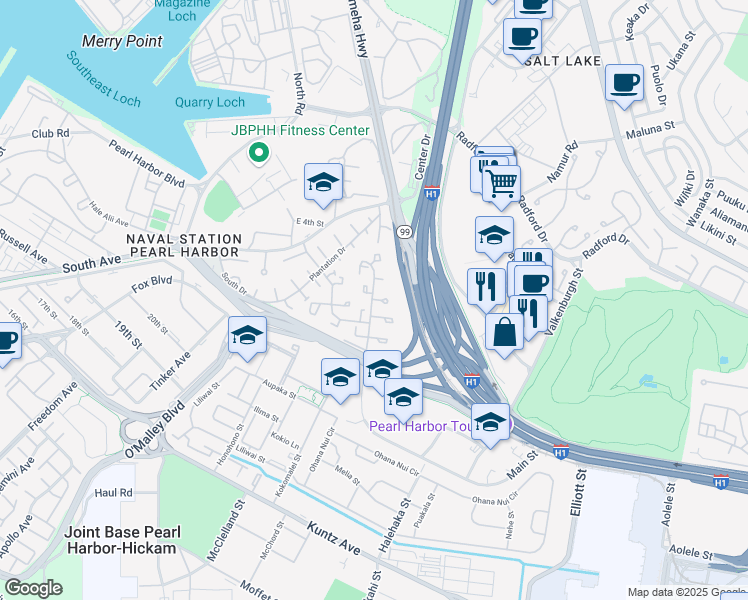 map of restaurants, bars, coffee shops, grocery stores, and more near 3398 Mack Place in Honolulu