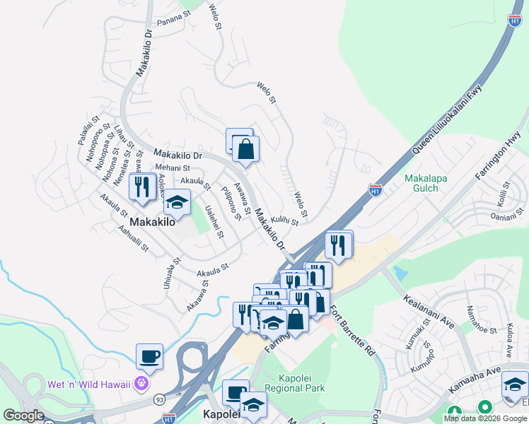 map of restaurants, bars, coffee shops, grocery stores, and more near 92-521 Awawa Street in Kapolei