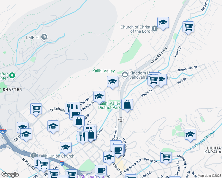map of restaurants, bars, coffee shops, grocery stores, and more near 1929 Kamehameha IV Road in Honolulu