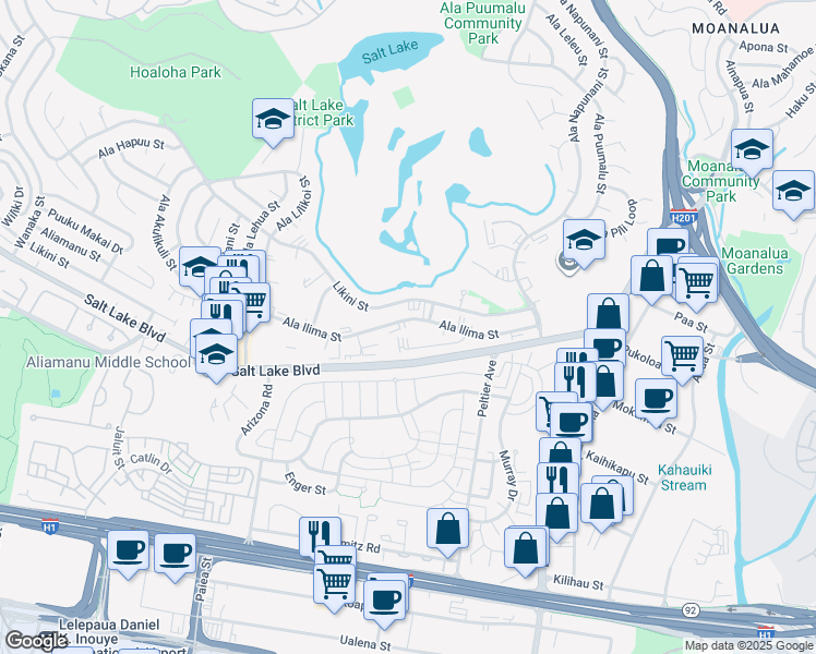 map of restaurants, bars, coffee shops, grocery stores, and more near 3020 Ala Napuaa Place in Honolulu