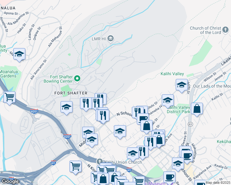map of restaurants, bars, coffee shops, grocery stores, and more near 1099 Simpson Loop in Honolulu