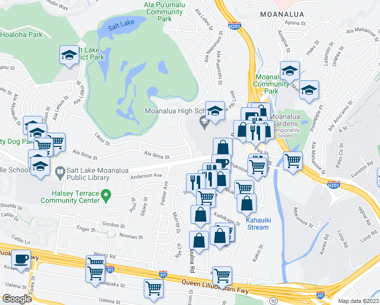 map of restaurants, bars, coffee shops, grocery stores, and more near 1908 Ala Ilima Street in Honolulu