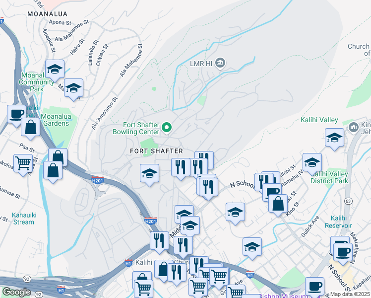map of restaurants, bars, coffee shops, grocery stores, and more near Wisser Road in Honolulu