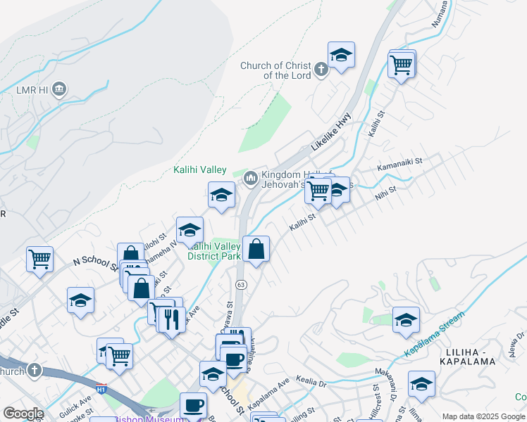 map of restaurants, bars, coffee shops, grocery stores, and more near 1734 Maliu Street in Honolulu