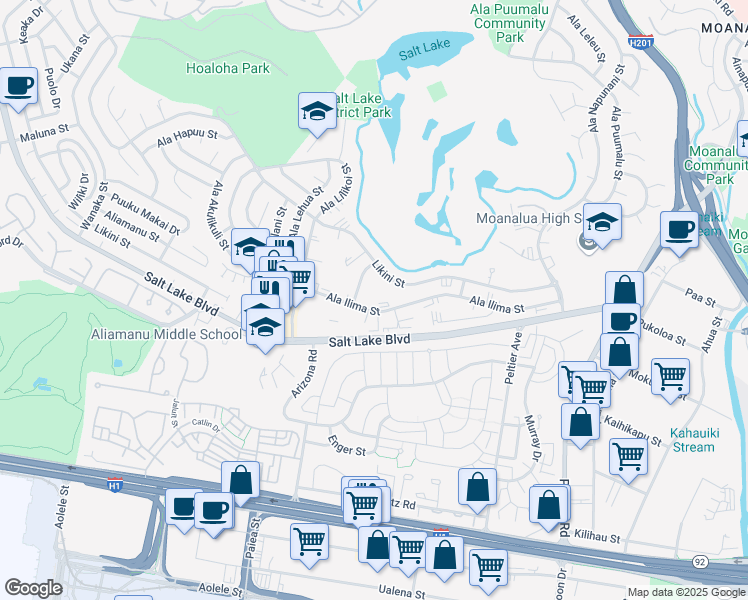 map of restaurants, bars, coffee shops, grocery stores, and more near 3148 Ala Ilima Street in Honolulu