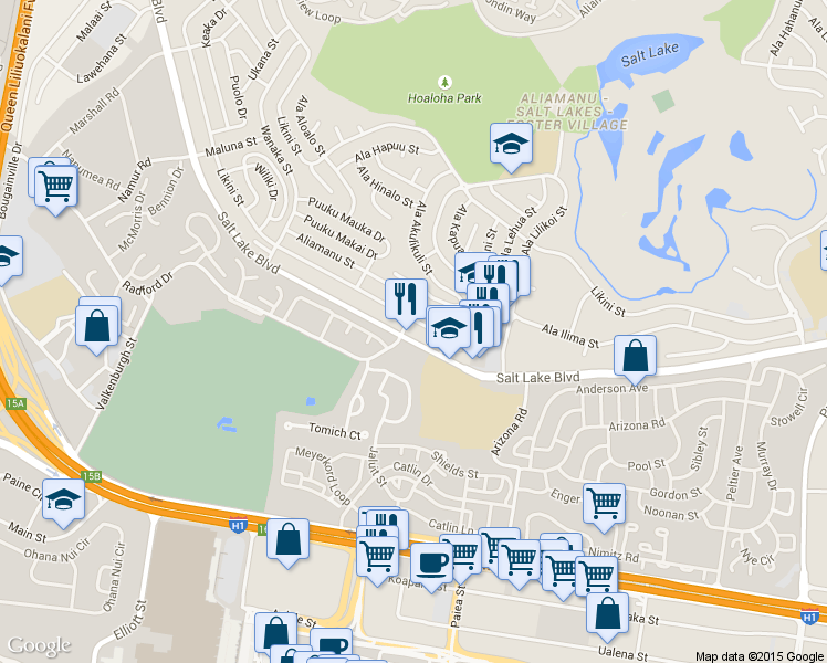 map of restaurants, bars, coffee shops, grocery stores, and more near 3408 Salt Lake Boulevard in Honolulu