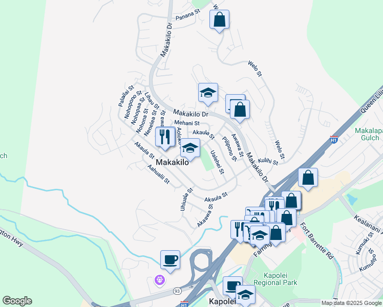 map of restaurants, bars, coffee shops, grocery stores, and more near 92-689 Anipeahi Street in Kapolei