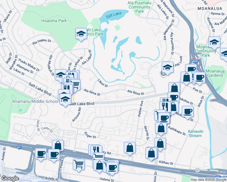 map of restaurants, bars, coffee shops, grocery stores, and more near 3059 Ala Ilima Street in Honolulu