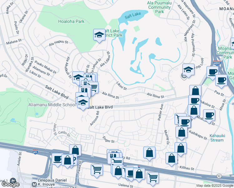 map of restaurants, bars, coffee shops, grocery stores, and more near 3148 Ala Ilima Street in Honolulu