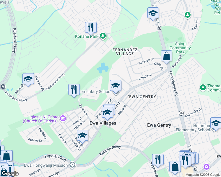 map of restaurants, bars, coffee shops, grocery stores, and more near 91-1250 Kilipue Street in Ewa Beach