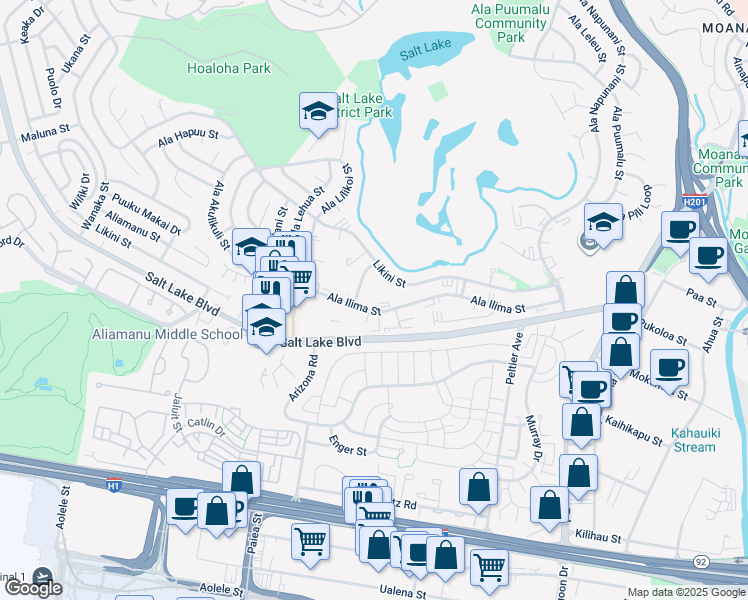 map of restaurants, bars, coffee shops, grocery stores, and more near 3148 Ala Ilima Street in Honolulu