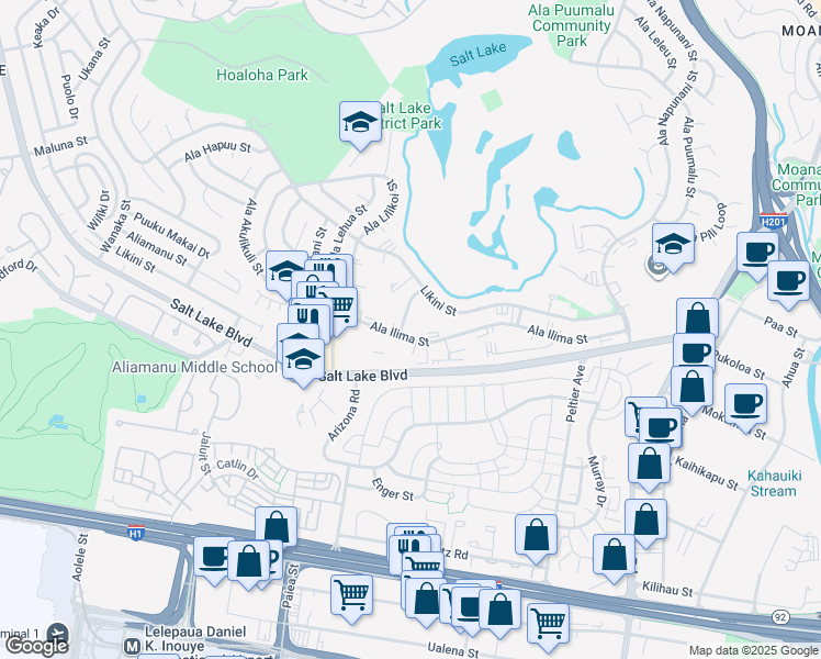 map of restaurants, bars, coffee shops, grocery stores, and more near 909 Ala Nanala Street in Honolulu