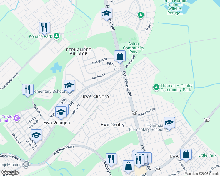 map of restaurants, bars, coffee shops, grocery stores, and more near 91-1229 Puamaeole Street in Ewa Beach