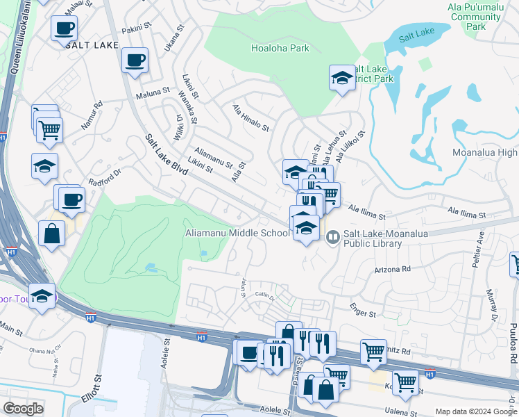 map of restaurants, bars, coffee shops, grocery stores, and more near 3408 Salt Lake Boulevard in Honolulu
