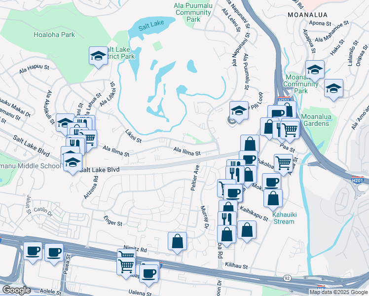 map of restaurants, bars, coffee shops, grocery stores, and more near 2977 Ala Ilima Street in Honolulu