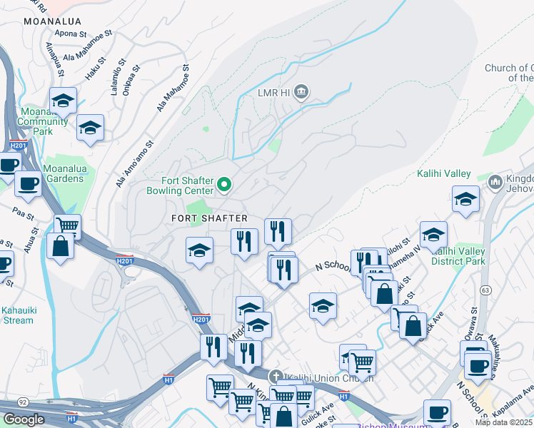 map of restaurants, bars, coffee shops, grocery stores, and more near 598 7th Street in Honolulu