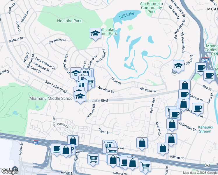 map of restaurants, bars, coffee shops, grocery stores, and more near 3148 Ala Ilima Street in Honolulu