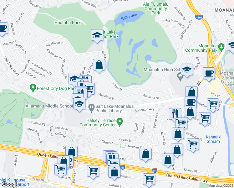 map of restaurants, bars, coffee shops, grocery stores, and more near 3148 Ala Ilima Street in Honolulu