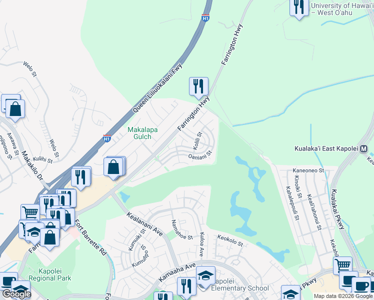 map of restaurants, bars, coffee shops, grocery stores, and more near 91-948 Oaniani Street in Kapolei