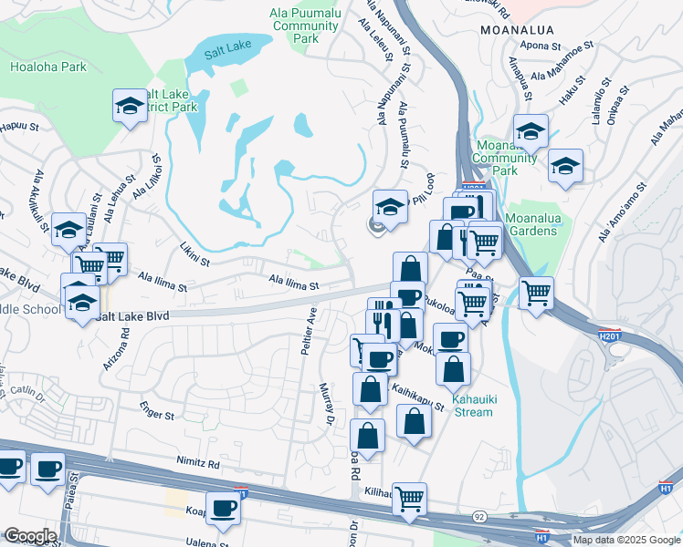 map of restaurants, bars, coffee shops, grocery stores, and more near 1031 Ala Napunani Street in Honolulu