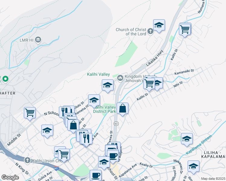 map of restaurants, bars, coffee shops, grocery stores, and more near 2114 Wilson Street in Honolulu