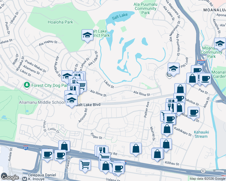 map of restaurants, bars, coffee shops, grocery stores, and more near 3077 Ala Ilima Street in Honolulu