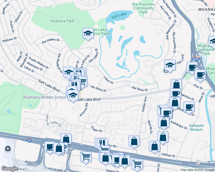 map of restaurants, bars, coffee shops, grocery stores, and more near 3148 Ala Ilima Street in Honolulu