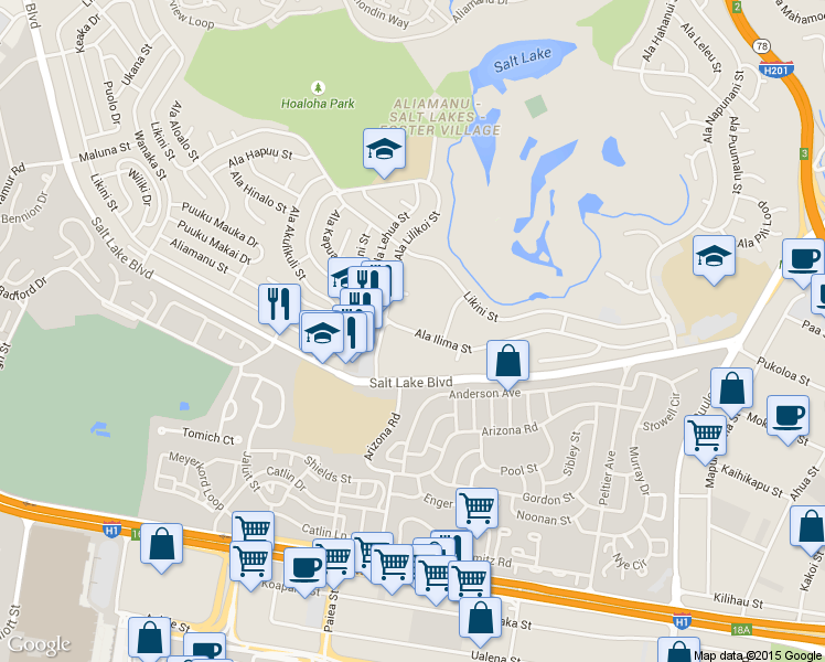 map of restaurants, bars, coffee shops, grocery stores, and more near 3161 Ala Ilima Street in Honolulu