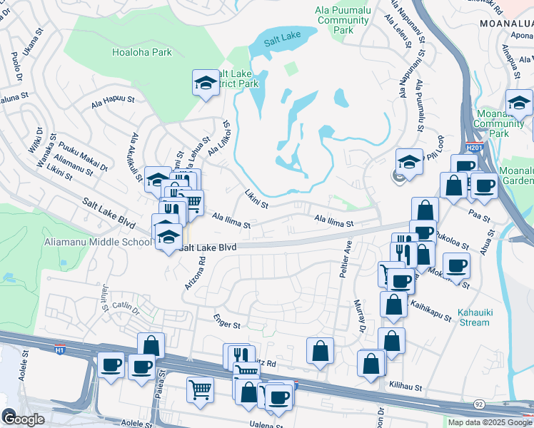 map of restaurants, bars, coffee shops, grocery stores, and more near 3077 Ala Ilima Street in Honolulu