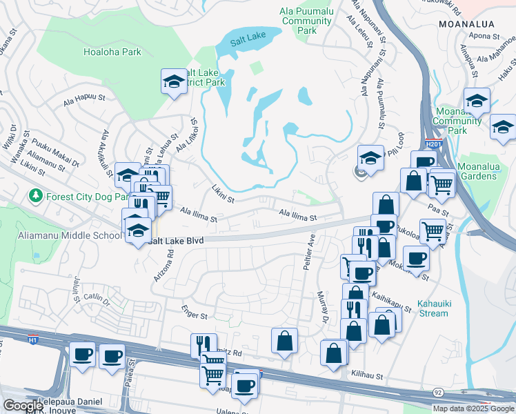 map of restaurants, bars, coffee shops, grocery stores, and more near 3020 Ala Napuaa Place in Honolulu