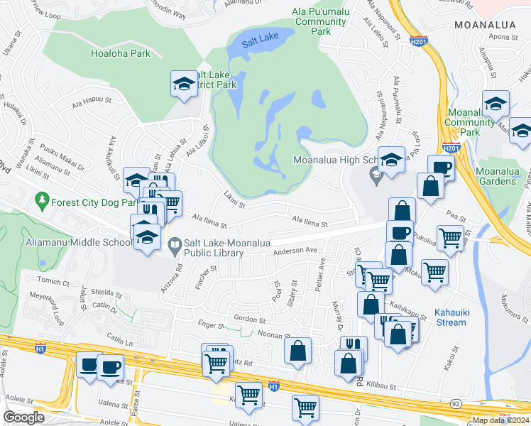 map of restaurants, bars, coffee shops, grocery stores, and more near 3020 Ala Napuaa Place in Honolulu