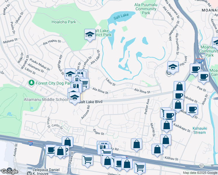 map of restaurants, bars, coffee shops, grocery stores, and more near 3148 Ala Ilima Street in Honolulu