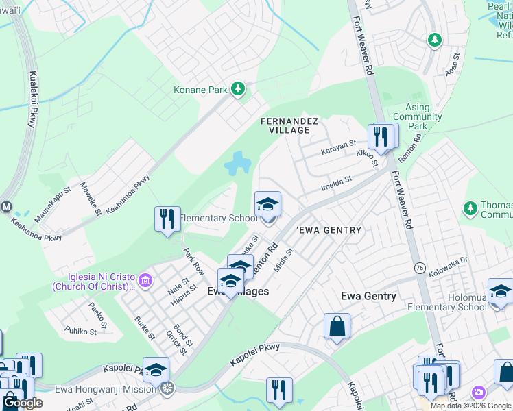 map of restaurants, bars, coffee shops, grocery stores, and more near 91-1250 Kilipue Street in Ewa Beach