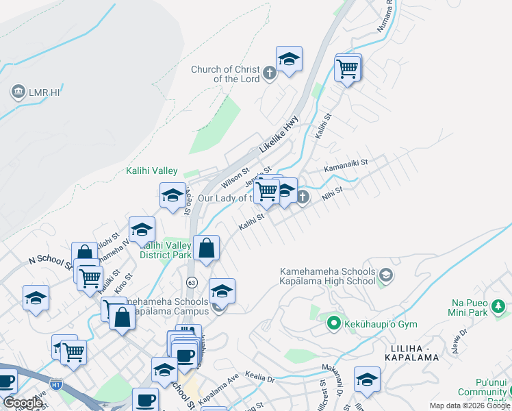 map of restaurants, bars, coffee shops, grocery stores, and more near 2308A Kalihi Street in Honolulu