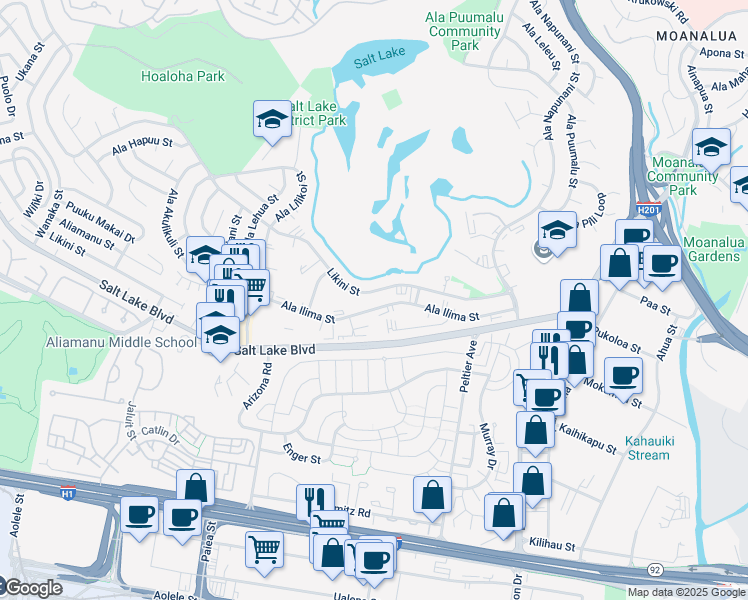 map of restaurants, bars, coffee shops, grocery stores, and more near 3070 Ala Ilima Street in Honolulu
