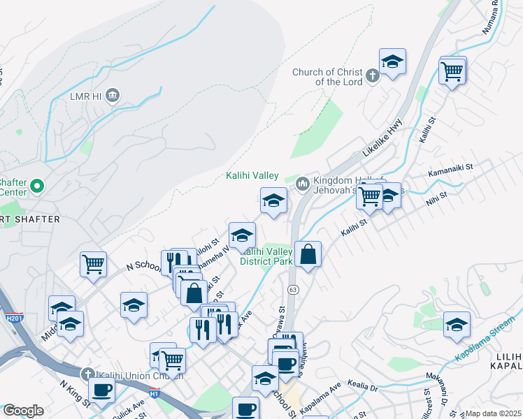 map of restaurants, bars, coffee shops, grocery stores, and more near 1929 Kamehameha IV Road in Honolulu