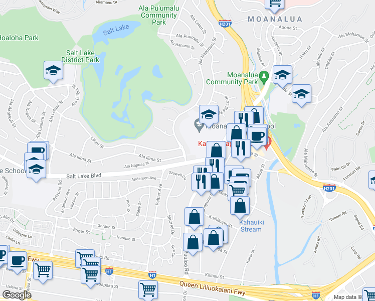 map of restaurants, bars, coffee shops, grocery stores, and more near 1031 Ala Napunani Street in Honolulu