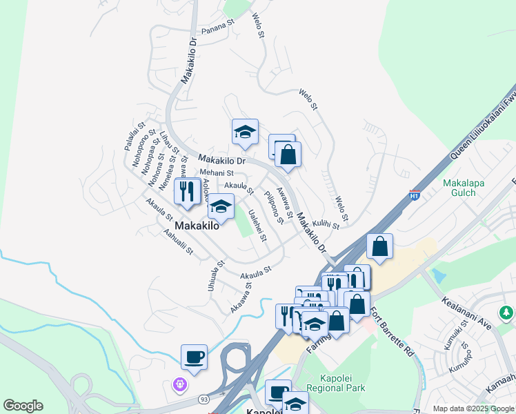 map of restaurants, bars, coffee shops, grocery stores, and more near 92-550 Ualehei Street in Kapolei