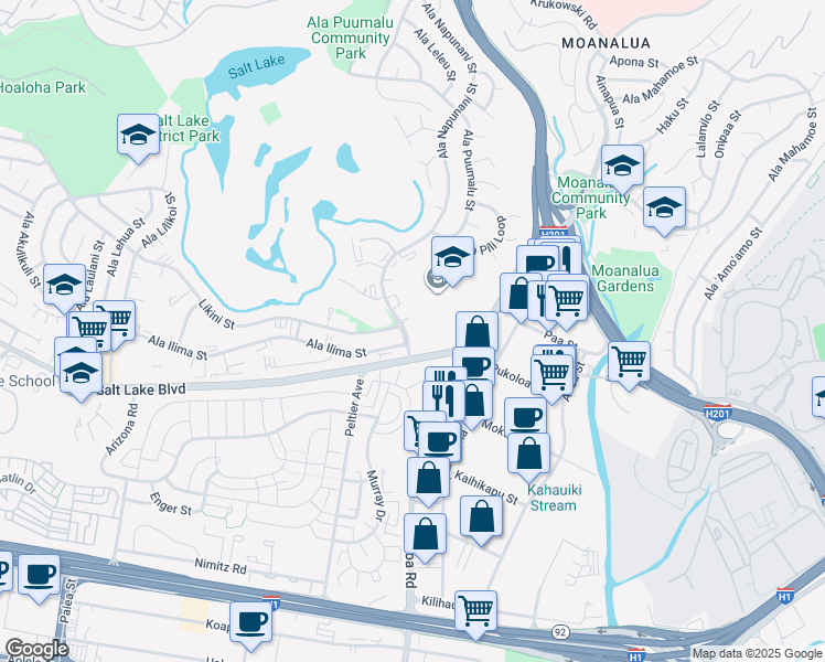 map of restaurants, bars, coffee shops, grocery stores, and more near 1031 Ala Napunani Street in Honolulu