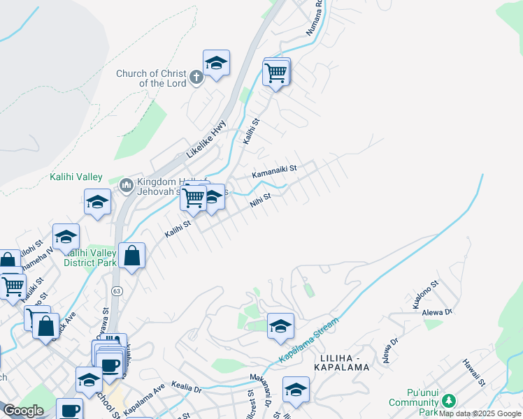 map of restaurants, bars, coffee shops, grocery stores, and more near 2637 Nihi Street in Honolulu