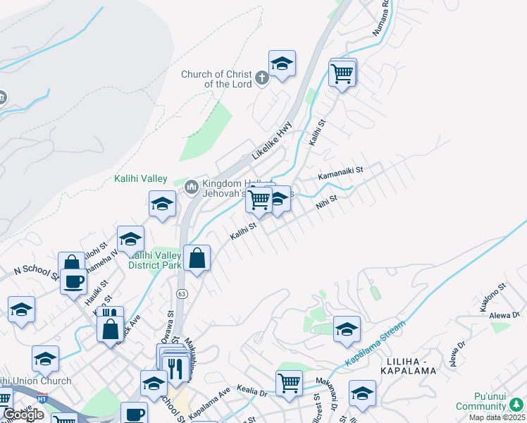 map of restaurants, bars, coffee shops, grocery stores, and more near 2322F Kalihi Street in Honolulu